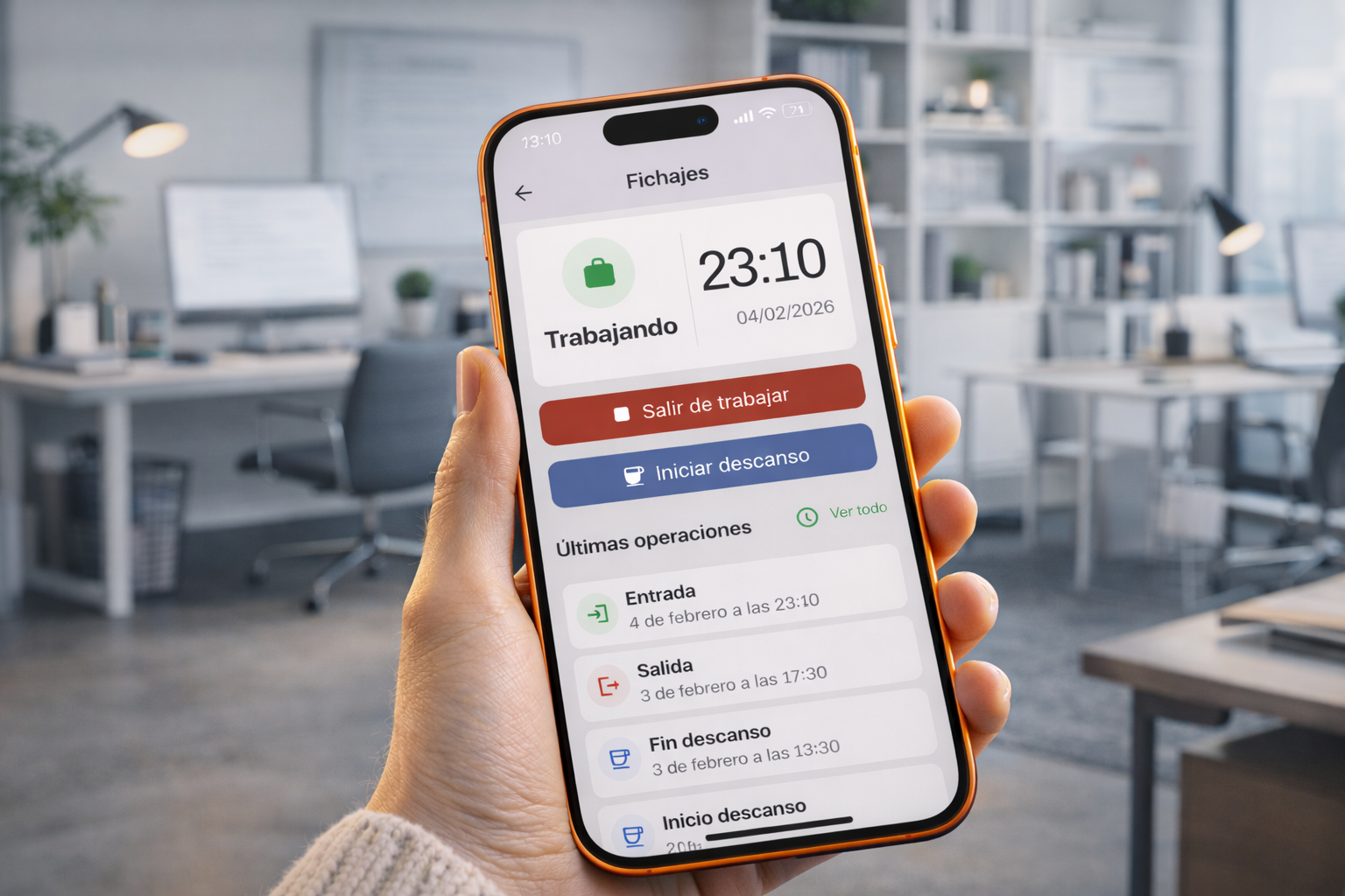 Esquema del flujo: crear cuenta, alta de trabajadores y fichaje desde la app